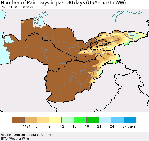 Central Asia Number of Rain Days in past 30 days (USAF 557th WW) 10/10/2022 Thematic Map For 10/6/2022 - 10/10/2022