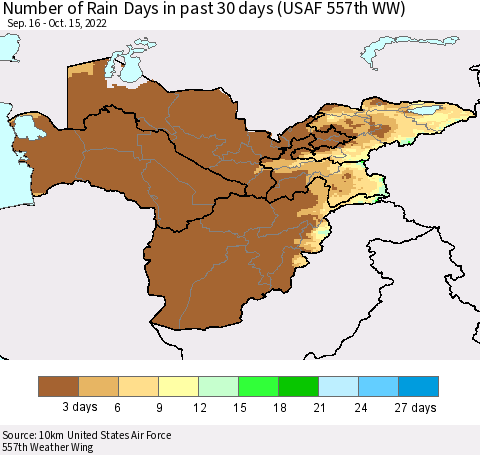 Central Asia Number of Rain Days in past 30 days (USAF 557th WW) 10/15/2022 Thematic Map For 10/11/2022 - 10/15/2022