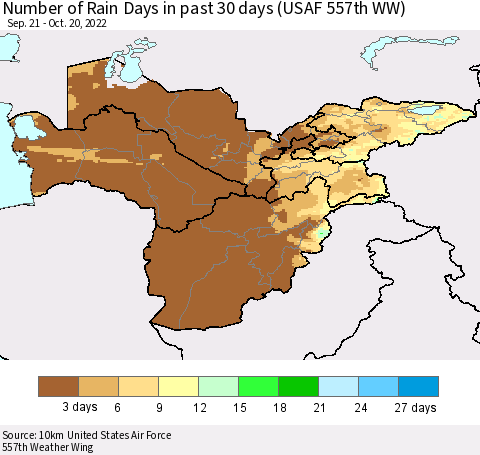 Central Asia Number of Rain Days in past 30 days (USAF 557th WW) 10/20/2022 Thematic Map For 10/16/2022 - 10/20/2022