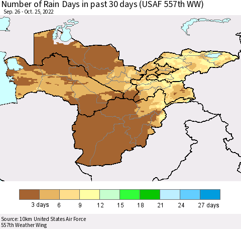 Central Asia Number of Rain Days in past 30 days (USAF 557th WW) 10/25/2022 Thematic Map For 10/21/2022 - 10/25/2022