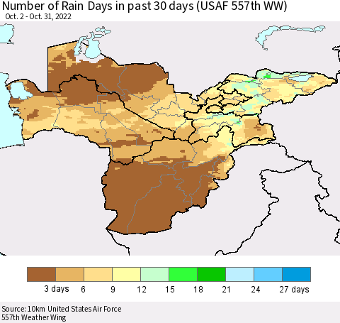Central Asia Number of Rain Days in past 30 days (USAF 557th WW) 10/31/2022 Thematic Map For 10/26/2022 - 10/31/2022