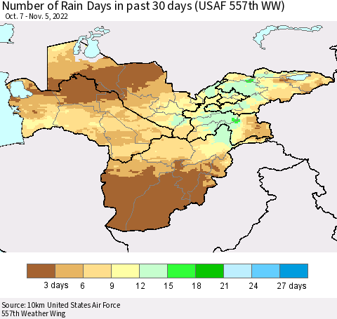 Central Asia Number of Rain Days in past 30 days (USAF 557th WW) 11/05/2022 Thematic Map For 11/1/2022 - 11/5/2022