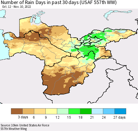 Central Asia Number of Rain Days in past 30 days (USAF 557th WW) 11/10/2022 Thematic Map For 11/6/2022 - 11/10/2022