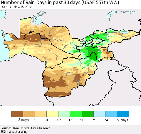 Central Asia Number of Rain Days in past 30 days (USAF 557th WW) 11/15/2022 Thematic Map For 11/11/2022 - 11/15/2022