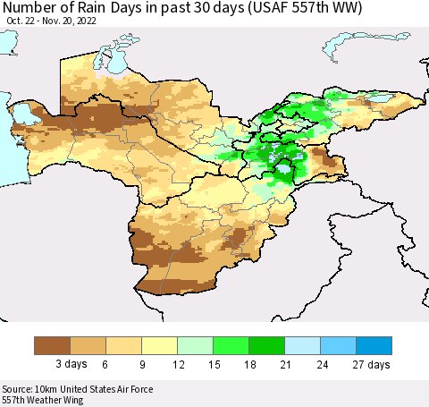 Central Asia Number of Rain Days in past 30 days (USAF 557th WW) 11/20/2022 Thematic Map For 11/16/2022 - 11/20/2022