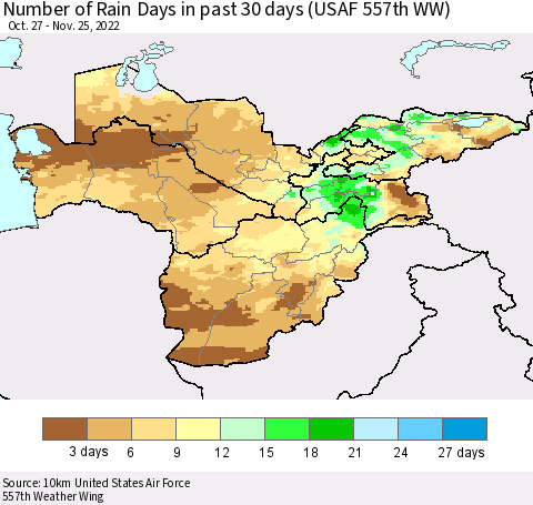 Central Asia Number of Rain Days in past 30 days (USAF 557th WW) 11/25/2022 Thematic Map For 11/21/2022 - 11/25/2022