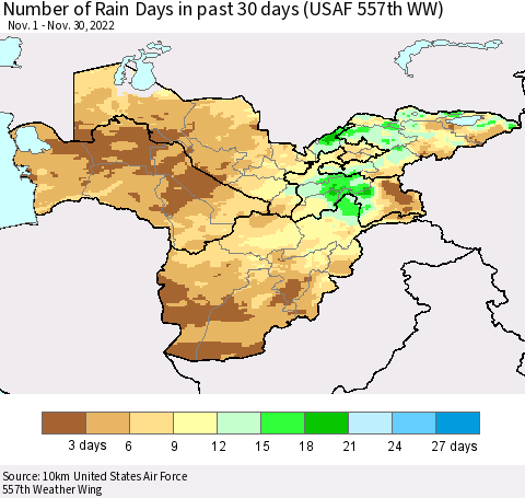 Central Asia Number of Rain Days in past 30 days (USAF 557th WW) 11/30/2022 Thematic Map For 11/26/2022 - 11/30/2022