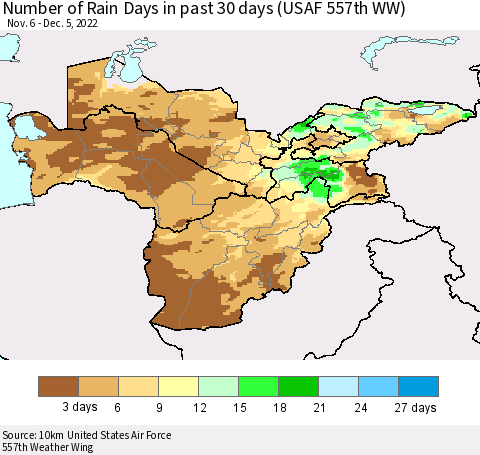 Central Asia Number of Rain Days in past 30 days (USAF 557th WW) 12/05/2022 Thematic Map For 12/1/2022 - 12/5/2022