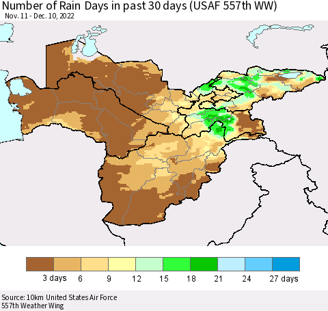 Central Asia Number of Rain Days in past 30 days (USAF 557th WW) 12/10/2022 Thematic Map For 12/6/2022 - 12/10/2022