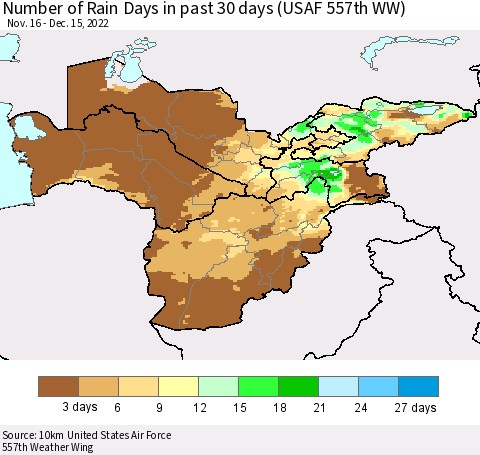 Central Asia Number of Rain Days in past 30 days (USAF 557th WW) 12/15/2022 Thematic Map For 12/11/2022 - 12/15/2022