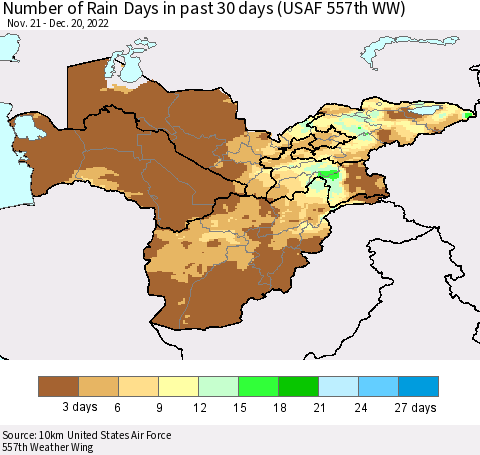 Central Asia Number of Rain Days in past 30 days (USAF 557th WW) 12/20/2022 Thematic Map For 12/16/2022 - 12/20/2022