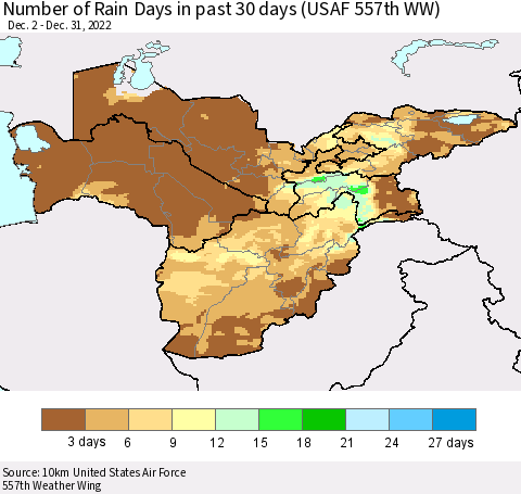 Central Asia Number of Rain Days in past 30 days (USAF 557th WW) 12/31/2022 Thematic Map For 12/26/2022 - 12/31/2022