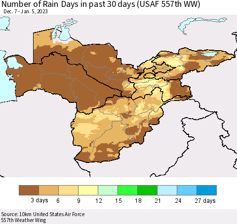 Central Asia Number of Rain Days in past 30 days (USAF 557th WW) 01/05/2023 Thematic Map For 1/1/2023 - 1/5/2023