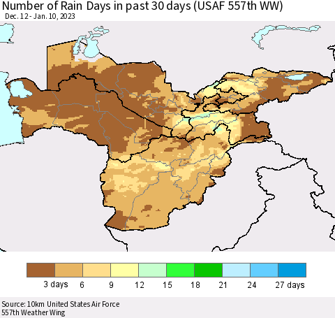 Central Asia Number of Rain Days in past 30 days (USAF 557th WW) 01/10/2023 Thematic Map For 1/6/2023 - 1/10/2023