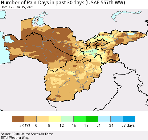 Central Asia Number of Rain Days in past 30 days (USAF 557th WW) 01/15/2023 Thematic Map For 1/11/2023 - 1/15/2023