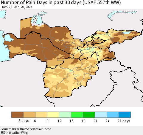 Central Asia Number of Rain Days in past 30 days (USAF 557th WW) 01/20/2023 Thematic Map For 1/16/2023 - 1/20/2023