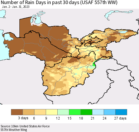 Central Asia Number of Rain Days in past 30 days (USAF 557th WW) 01/31/2023 Thematic Map For 1/26/2023 - 1/31/2023