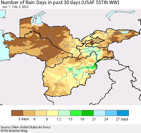 Central Asia Number of Rain Days in past 30 days (USAF 557th WW) 02/05/2023 Thematic Map For 2/1/2023 - 2/5/2023