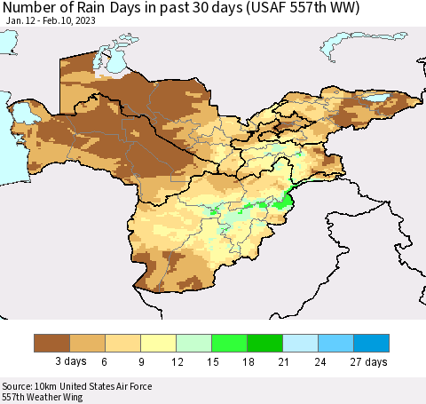 Central Asia Number of Rain Days in past 30 days (USAF 557th WW) 02/10/2023 Thematic Map For 2/6/2023 - 2/10/2023