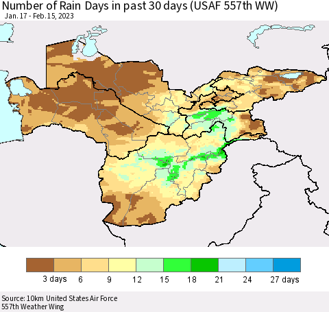 Central Asia Number of Rain Days in past 30 days (USAF 557th WW) 02/15/2023 Thematic Map For 2/11/2023 - 2/15/2023
