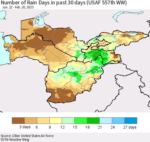 Central Asia Number of Rain Days in past 30 days (USAF 557th WW) 02/20/2023 Thematic Map For 2/16/2023 - 2/20/2023