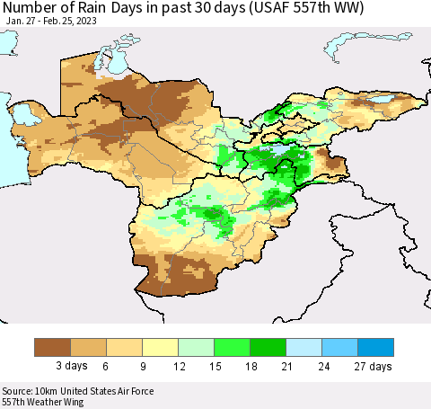 Central Asia Number of Rain Days in past 30 days (USAF 557th WW) 02/25/2023 Thematic Map For 2/21/2023 - 2/25/2023