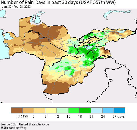 Central Asia Number of Rain Days in past 30 days (USAF 557th WW) 02/28/2023 Thematic Map For 2/26/2023 - 2/28/2023
