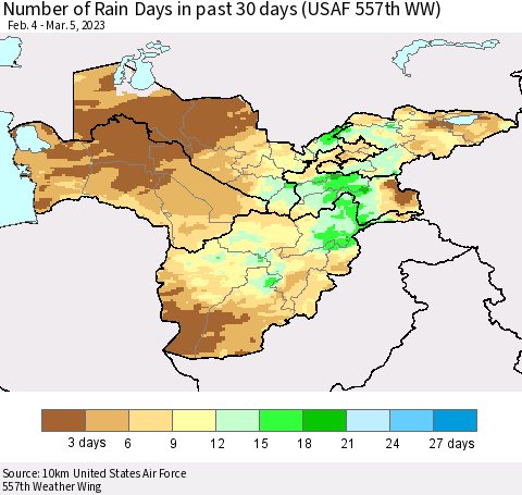 Central Asia Number of Rain Days in past 30 days (USAF 557th WW) 03/05/2023 Thematic Map For 3/1/2023 - 3/5/2023