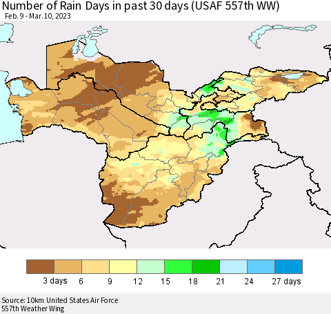 Central Asia Number of Rain Days in past 30 days (USAF 557th WW) 03/10/2023 Thematic Map For 3/6/2023 - 3/10/2023