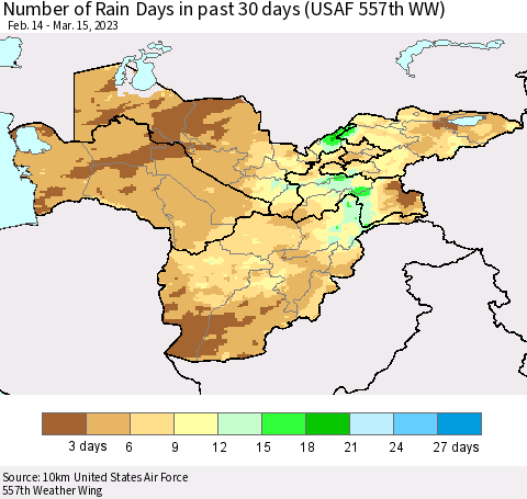 Central Asia Number of Rain Days in past 30 days (USAF 557th WW) 03/15/2023 Thematic Map For 3/11/2023 - 3/15/2023
