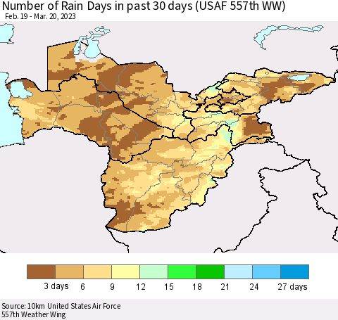 Central Asia Number of Rain Days in past 30 days (USAF 557th WW) 03/20/2023 Thematic Map For 3/16/2023 - 3/20/2023