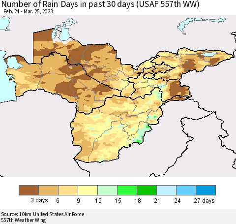 Central Asia Number of Rain Days in past 30 days (USAF 557th WW) 03/25/2023 Thematic Map For 3/21/2023 - 3/25/2023