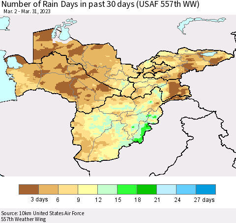 Central Asia Number of Rain Days in past 30 days (USAF 557th WW) 03/31/2023 Thematic Map For 3/26/2023 - 3/31/2023