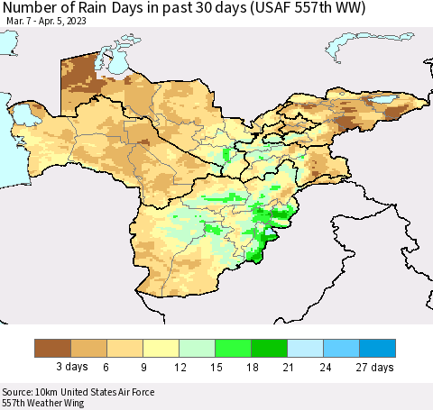 Central Asia Number of Rain Days in past 30 days (USAF 557th WW) 04/05/2023 Thematic Map For 4/1/2023 - 4/5/2023