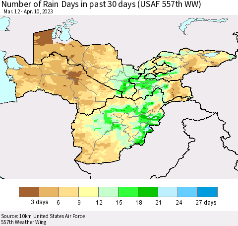 Central Asia Number of Rain Days in past 30 days (USAF 557th WW) 04/10/2023 Thematic Map For 4/6/2023 - 4/10/2023