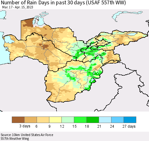 Central Asia Number of Rain Days in past 30 days (USAF 557th WW) 04/15/2023 Thematic Map For 4/11/2023 - 4/15/2023