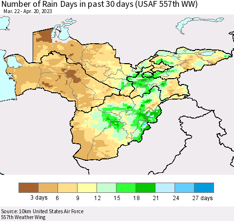 Central Asia Number of Rain Days in past 30 days (USAF 557th WW) 04/20/2023 Thematic Map For 4/16/2023 - 4/20/2023