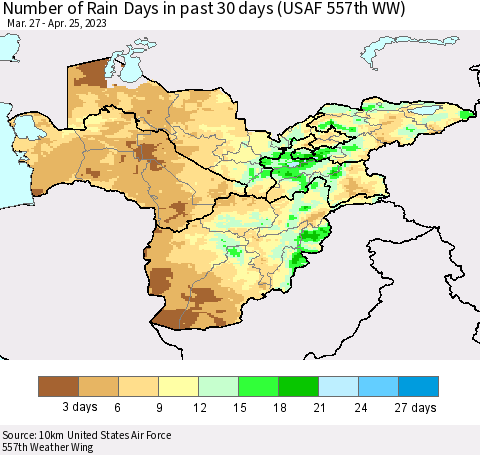 Central Asia Number of Rain Days in past 30 days (USAF 557th WW) 04/25/2023 Thematic Map For 4/21/2023 - 4/25/2023