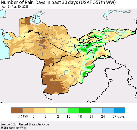 Central Asia Number of Rain Days in past 30 days (USAF 557th WW) 04/30/2023 Thematic Map For 4/26/2023 - 4/30/2023