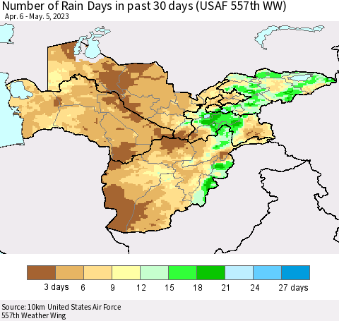 Central Asia Number of Rain Days in past 30 days (USAF 557th WW) 05/05/2023 Thematic Map For 5/1/2023 - 5/5/2023