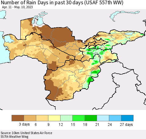 Central Asia Number of Rain Days in past 30 days (USAF 557th WW) 05/10/2023 Thematic Map For 5/6/2023 - 5/10/2023