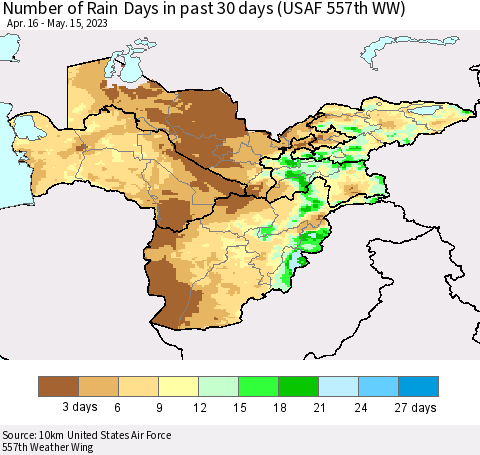 Central Asia Number of Rain Days in past 30 days (USAF 557th WW) 05/15/2023 Thematic Map For 5/11/2023 - 5/15/2023