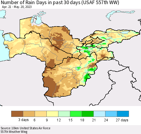 Central Asia Number of Rain Days in past 30 days (USAF 557th WW) 05/20/2023 Thematic Map For 5/16/2023 - 5/20/2023
