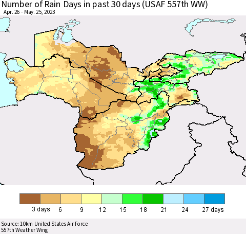 Central Asia Number of Rain Days in past 30 days (USAF 557th WW) 05/25/2023 Thematic Map For 5/21/2023 - 5/25/2023