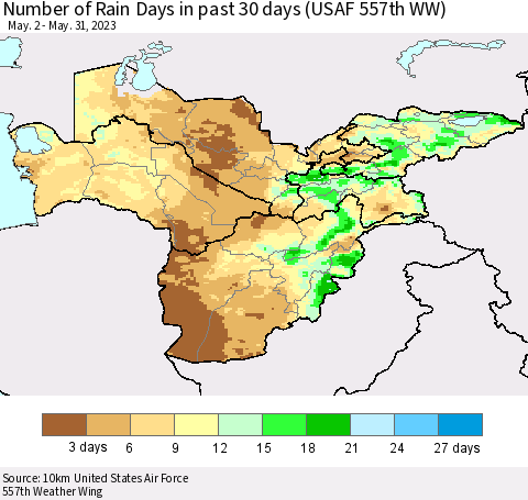Central Asia Number of Rain Days in past 30 days (USAF 557th WW) 05/31/2023 Thematic Map For 5/26/2023 - 5/31/2023