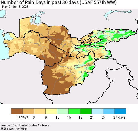 Central Asia Number of Rain Days in past 30 days (USAF 557th WW) 06/05/2023 Thematic Map For 6/1/2023 - 6/5/2023