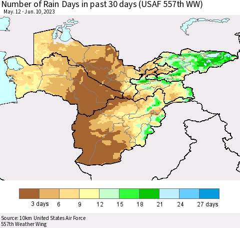 Central Asia Number of Rain Days in past 30 days (USAF 557th WW) 06/10/2023 Thematic Map For 6/6/2023 - 6/10/2023