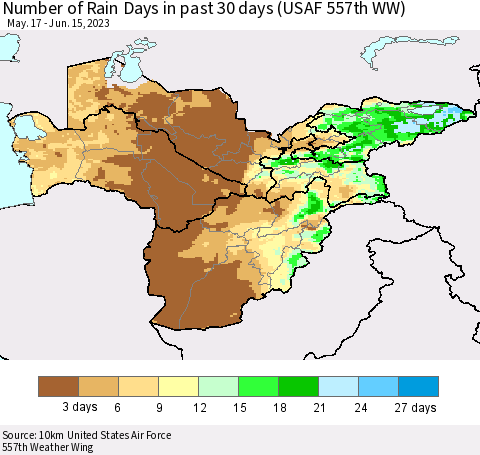 Central Asia Number of Rain Days in past 30 days (USAF 557th WW) 06/15/2023 Thematic Map For 6/11/2023 - 6/15/2023