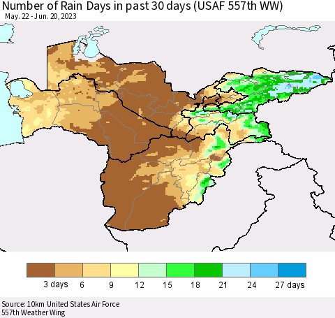 Central Asia Number of Rain Days in past 30 days (USAF 557th WW) 06/20/2023 Thematic Map For 6/16/2023 - 6/20/2023