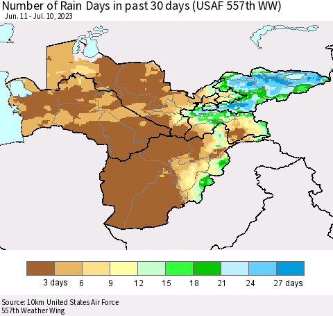Central Asia Number of Rain Days in past 30 days (USAF 557th WW) 07/10/2023 Thematic Map For 7/6/2023 - 7/10/2023